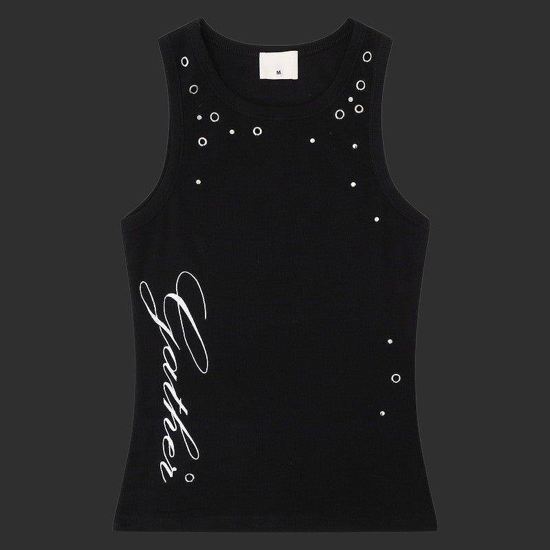 Studded Tank Top Script Print Eyelet Detail | FlipFit