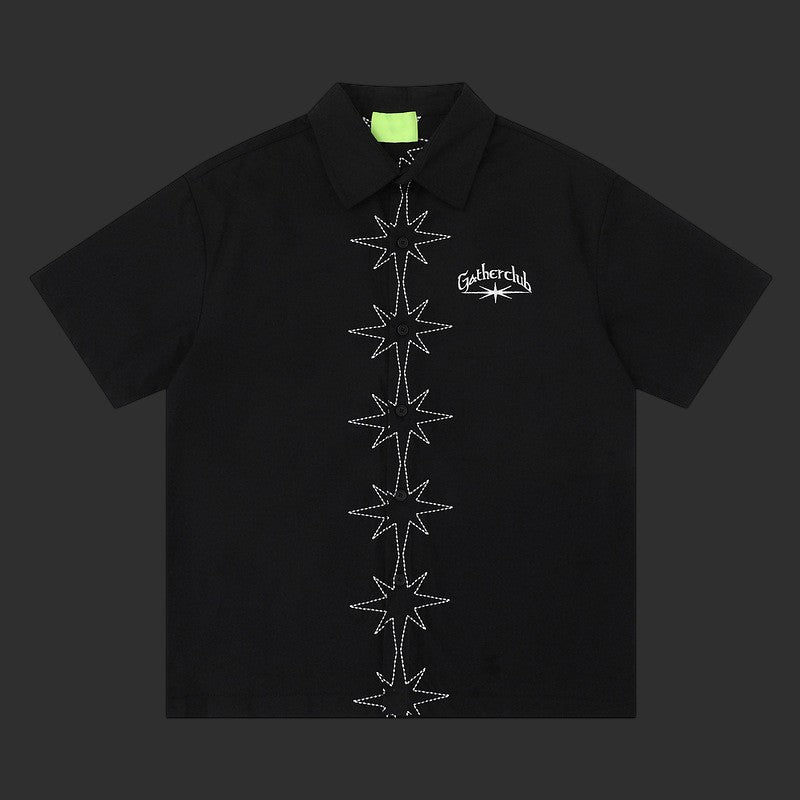 Star Embroidered Short Sleeve Shirt Men Lapel Collar Oversized Streetwear Button-Up | FlipFit