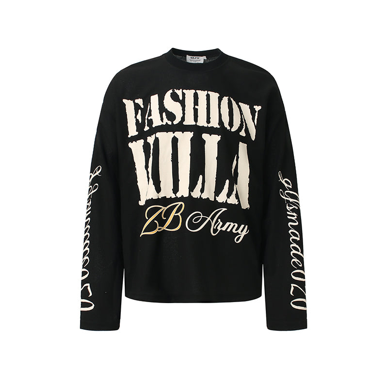 Feel lonely American retro letter waffle long-sleeved T-shirt for men, autumn, loose-fitting and high-quality top for couples. 147