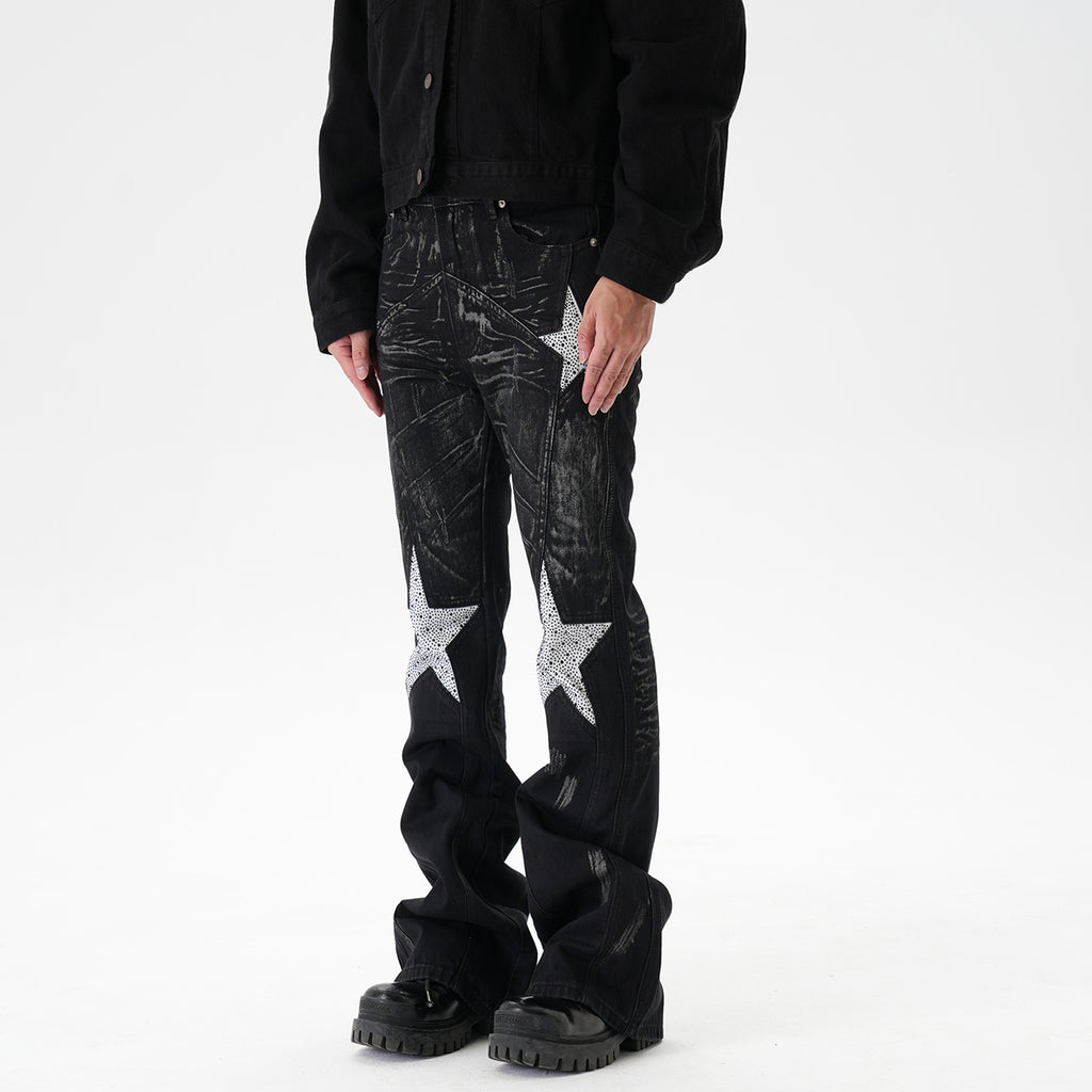 CWHAT American-style high street stitching three-dimensional tailoring deconstruction five-pointed star hot drilling brush dirty slim Micro-jeans men