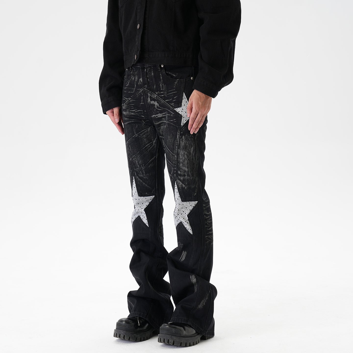 CWHAT American-style high street stitching three-dimensional tailoring deconstruction five-pointed star hot drilling brush dirty slim Micro-jeans men