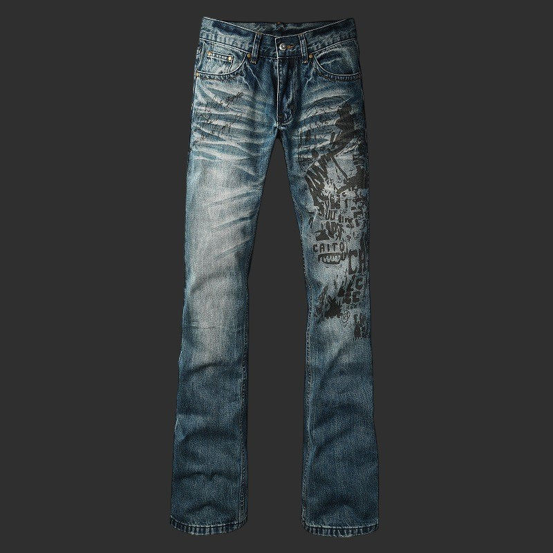 Graphic Print Flare Vintage Washed Denim Streetwear Jeans | FlipFit