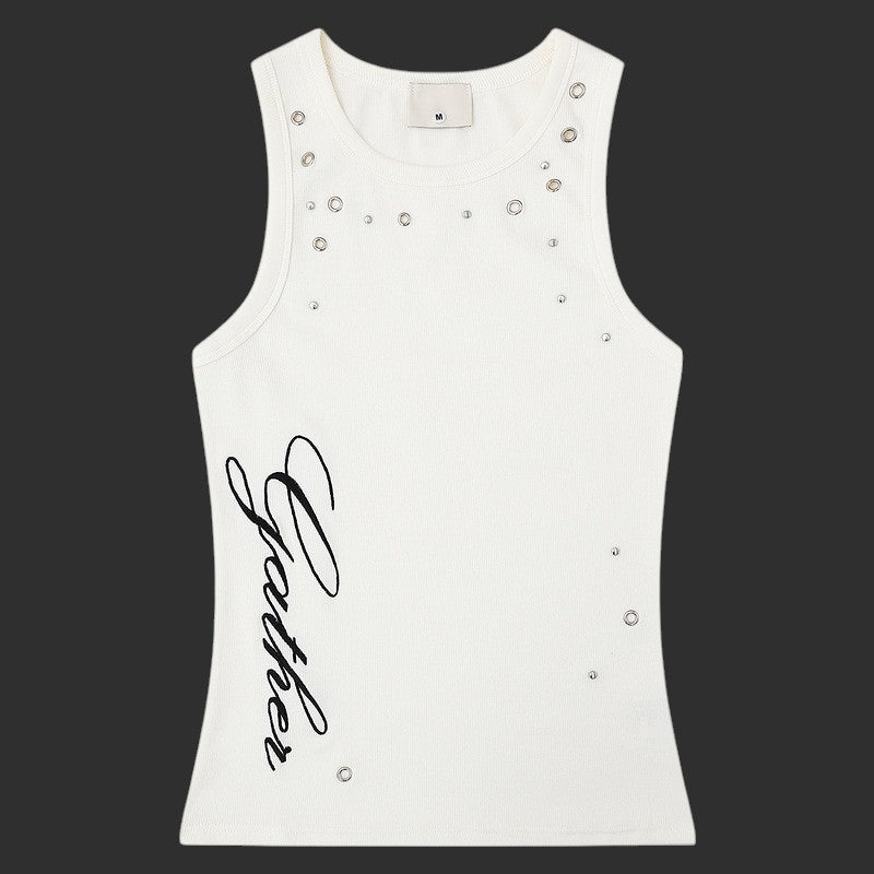 Studded Tank Top Script Print Eyelet Detail | FlipFit