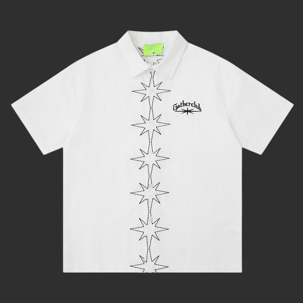Star Embroidered Short Sleeve Shirt Men Lapel Collar Oversized Streetwear Button-Up | FlipFit