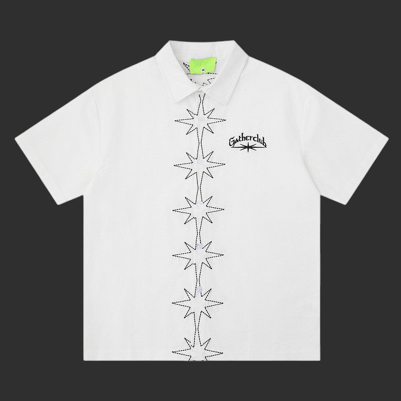 Star Embroidered Short Sleeve Shirt Men Lapel Collar Oversized Streetwear Button-Up | FlipFit