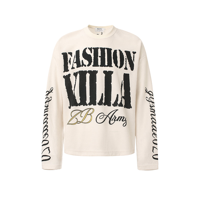 Feel lonely American retro letter waffle long-sleeved T-shirt for men, autumn, loose-fitting and high-quality top for couples. 147