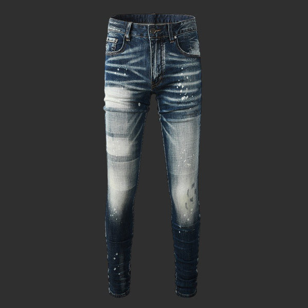 BLUE VINTAGE WASH PAINT SPLATTER SKINNY JEANS DISTRESSED STREETWEAR DENIM | FLIPFIT