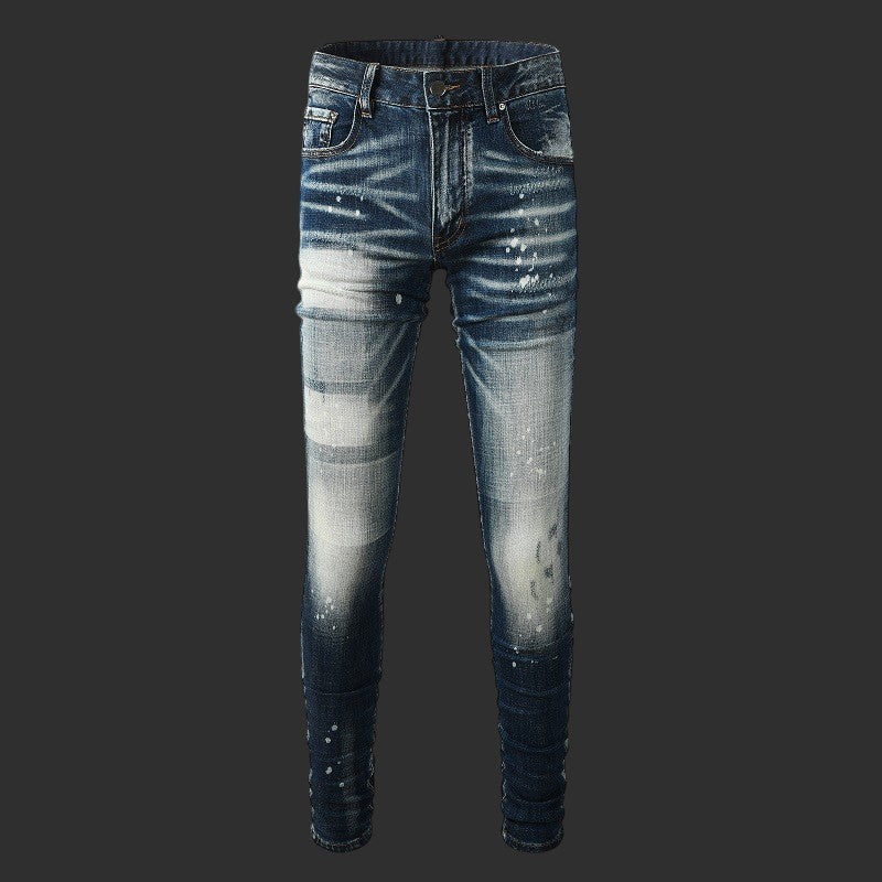 BLUE VINTAGE WASH PAINT SPLATTER SKINNY JEANS DISTRESSED STREETWEAR DENIM | FLIPFIT