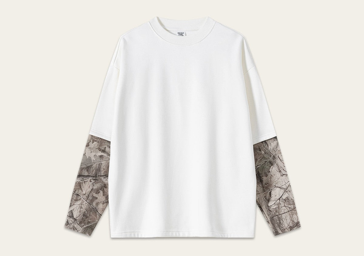 Street Style Chic American Retro Faux Two-Piece Camouflage Hip Hop Cool Layered Long-Sleeve T-Shirt for Men 175