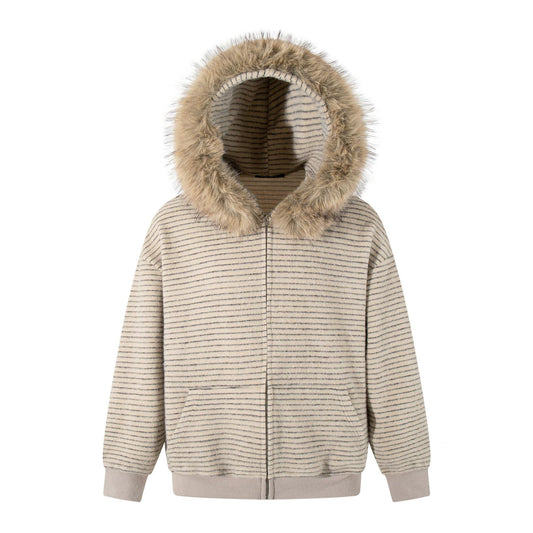 Minimalist Versatile Striped Hooded Fur Collar Jacket
