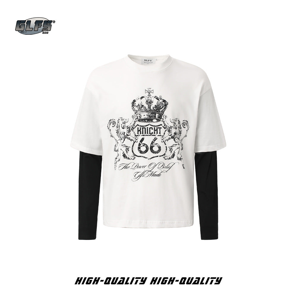 GLFS Subculture Crown Faux Two-Piece Couple Top Long Sleeve Trendy Streetwear Men's Sports Base Layer Autumn Sweatshirt 130