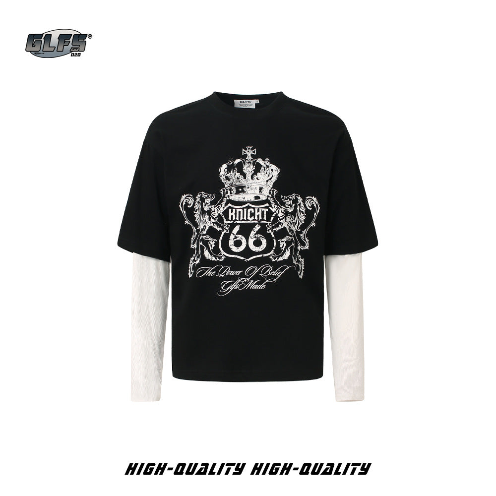 GLFS Subculture Crown Faux Two-Piece Couple Top Long Sleeve Trendy Streetwear Men's Sports Base Layer Autumn Sweatshirt 130