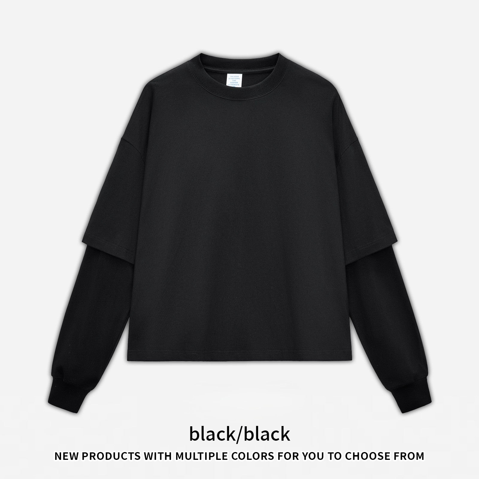 RS Men's Clothing | Cross-border Faux Two-Piece Color Block Long-Sleeve T-Shirt 280G Pure Cotton Short Wide Boxy American Style Patchwork Long-Sleeve T-Shirt 118