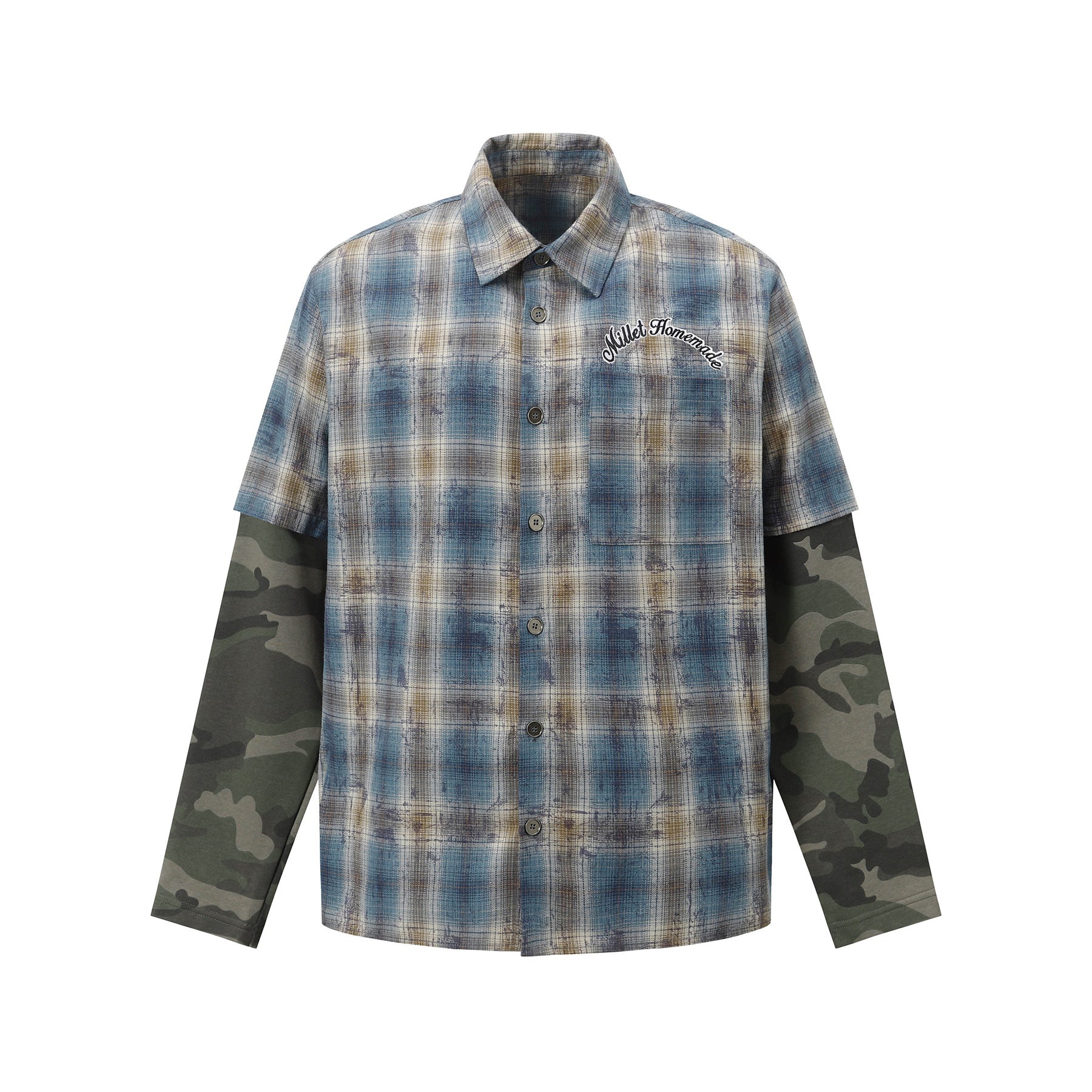 2025 Spring New Arrival: American Retro Street Style Faux Two-Piece Design Long-Sleeved Shirt 166